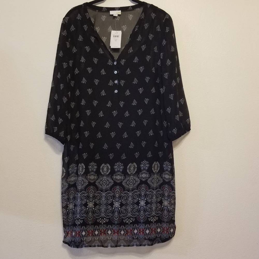 J. Jill black knit & sheer printed overlay dress